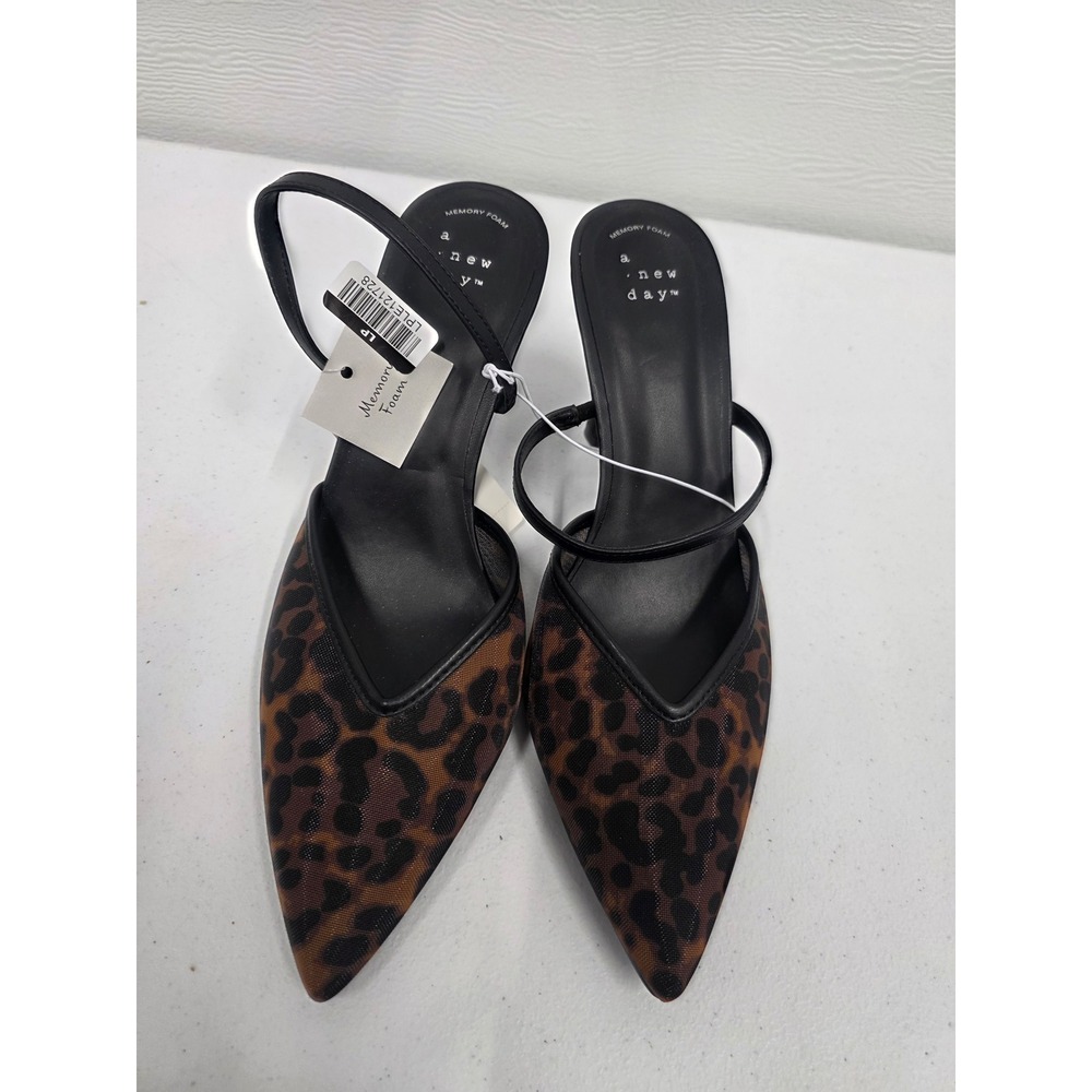 A New Day Womens Leopard Print Mesh Pointed Toe Slingback Heels Memory Foam 9.5